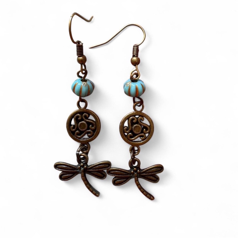 Handmade Dragonfly Dangle Earrings Turquoise Acrylic Bead Bronze Filigree | NWT